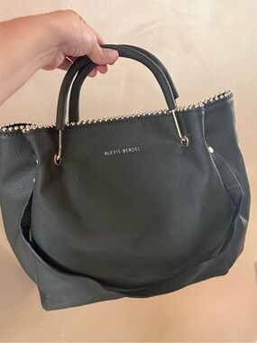 Alexis BendeI Black Pebbled Shoulder Tote with Stud Trim
